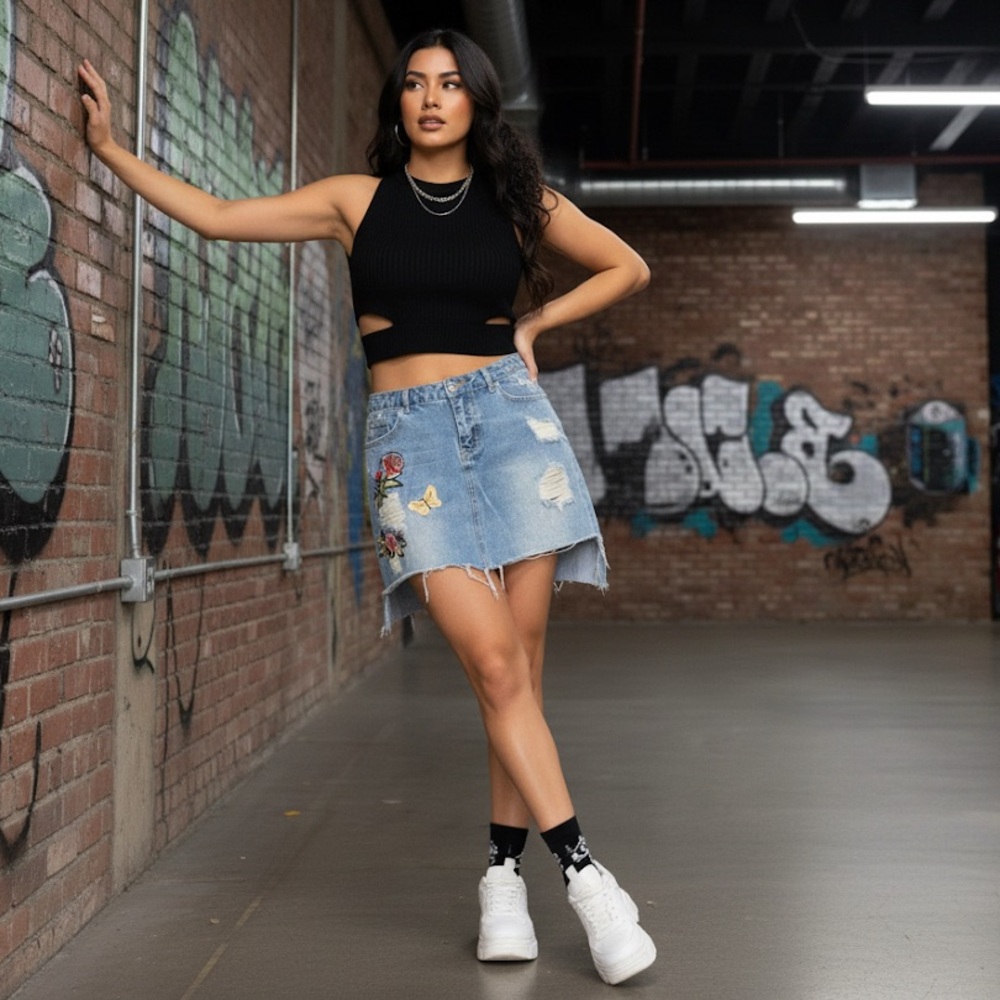 85# Embroidered Distressed Denim Asymmetrical Mini Skirt